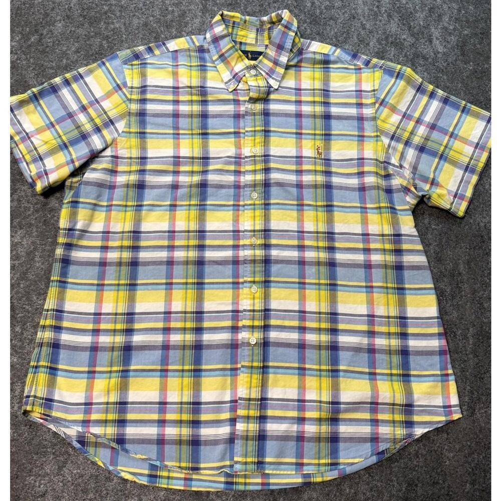 Ralph Lauren Men XL Classic Fit Yellow/Blue Plaid Short Sleeve Button Down Shirt